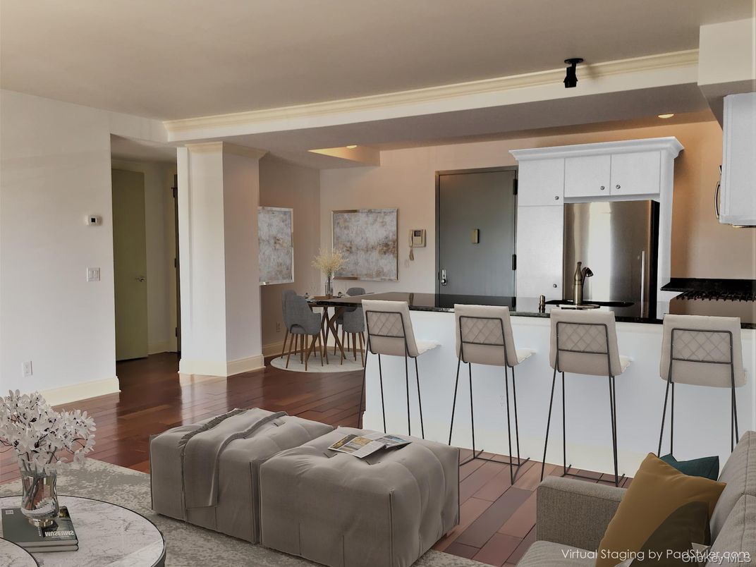 Dining room, Interior, Kitchen, Living room, Recessed Lighting, Wood Texture Flooring