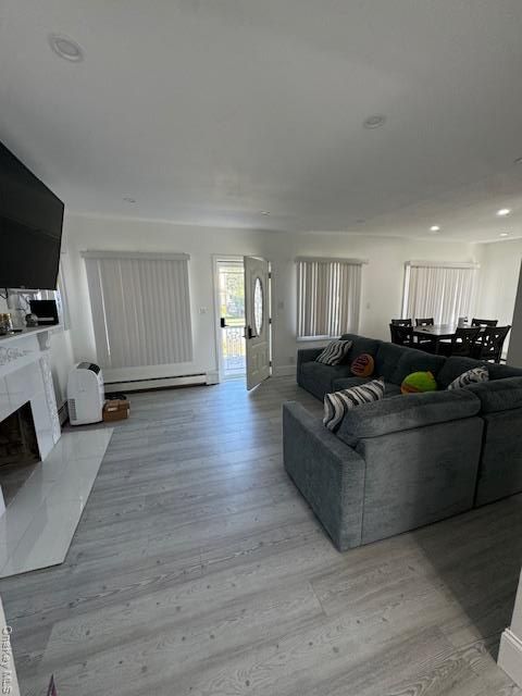 Fireplace, Interior, Living room, Recessed Lighting, Wood Texture Flooring