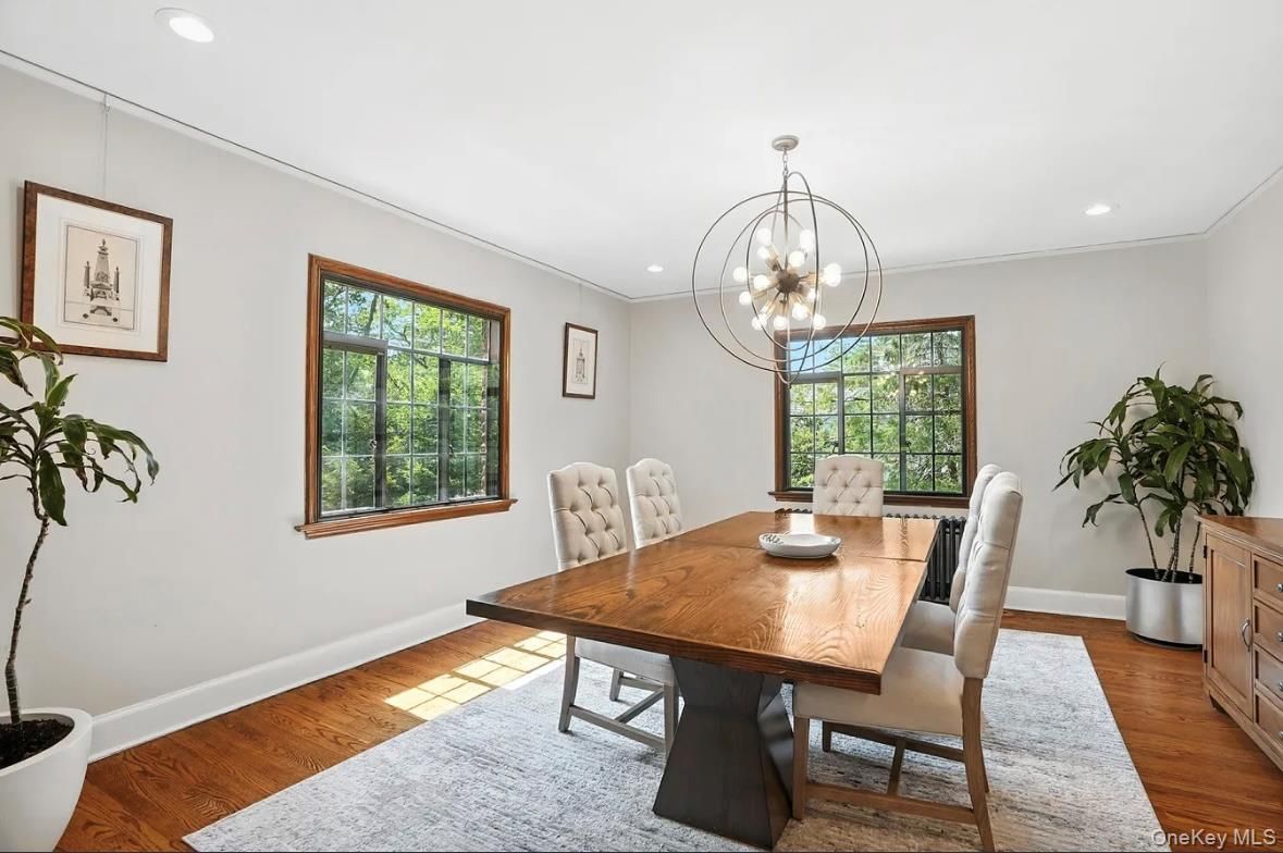Dining room, Interior, Pendant Lights, Recessed Lighting, Wood Texture Flooring