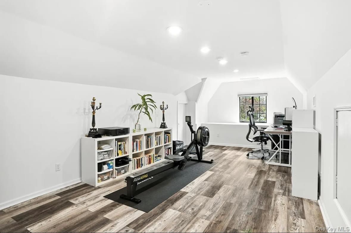 Fitness Equipment, Home Office, Interior, Recessed Lighting, Wood Texture Flooring