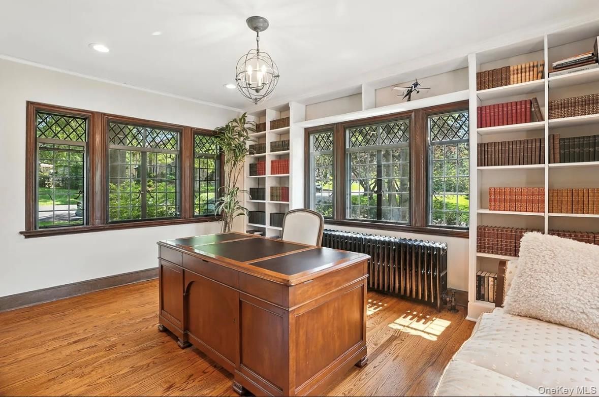 Chandelier, Home Office, Interior, Pendant Lights, Recessed Lighting, Wood Texture Flooring