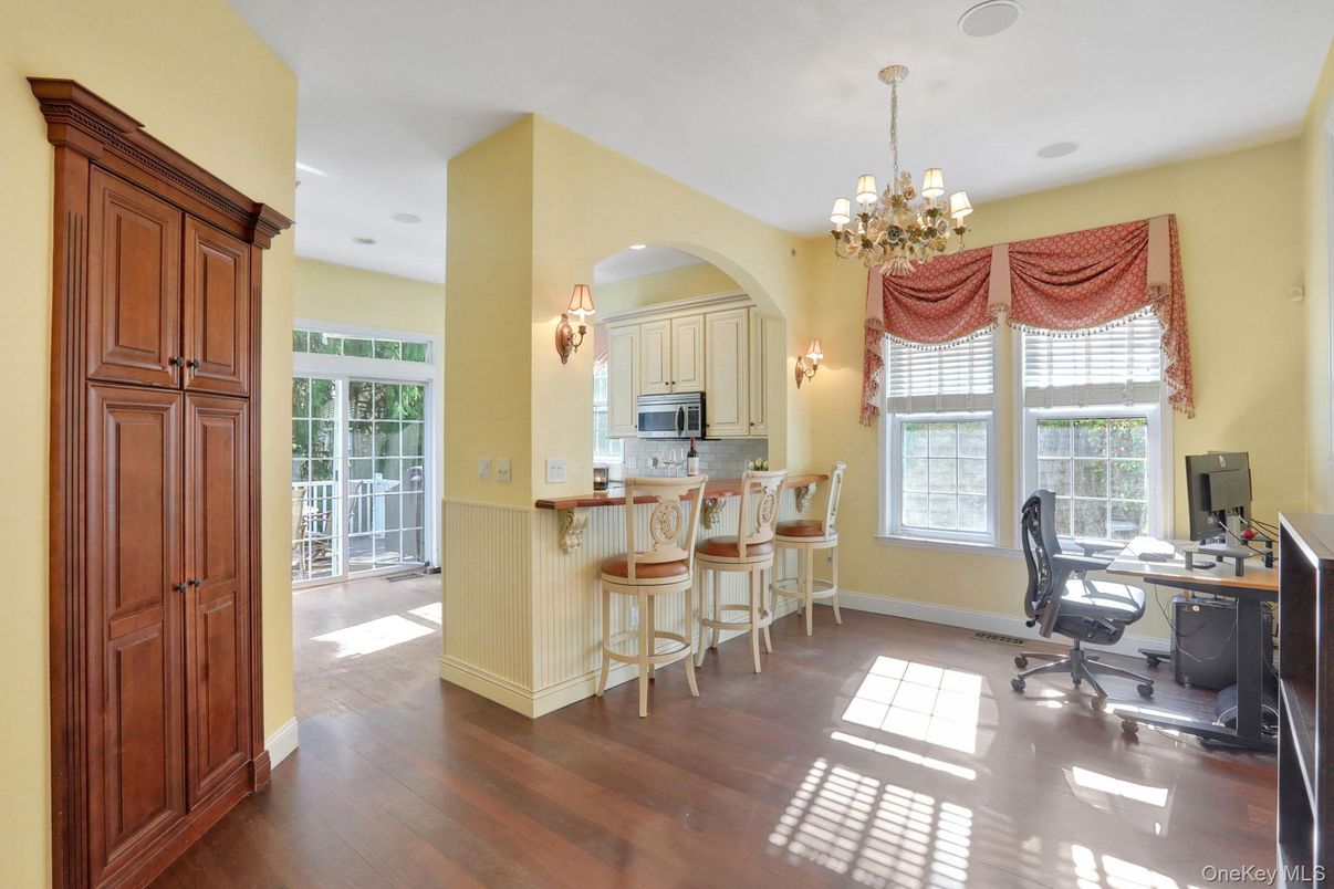 Chandelier, Home Office, Interior, Kitchen, Recessed Lighting, Wood Texture Flooring