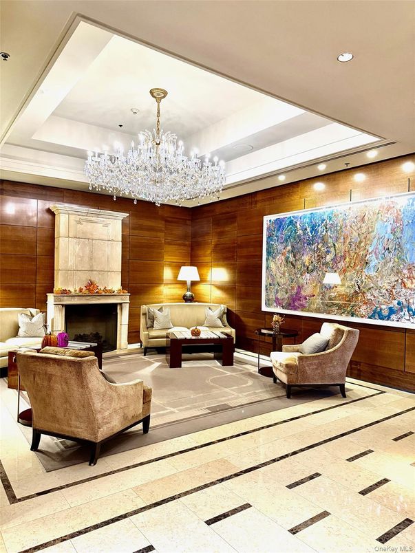 Chandelier, Fireplace, Interior, Living room, Recessed Lighting, Wooden Walls