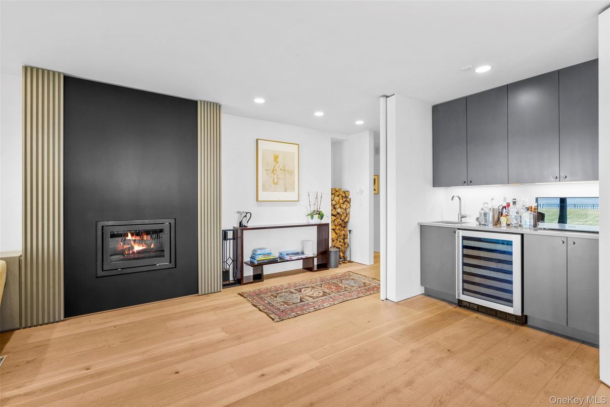 Fireplace, Interior, Recessed Lighting, Wood Texture Flooring