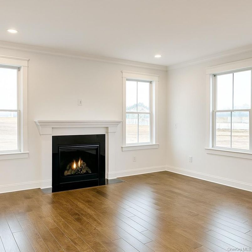 Empty room, Fireplace, Interior, Recessed Lighting, Wood Texture Flooring