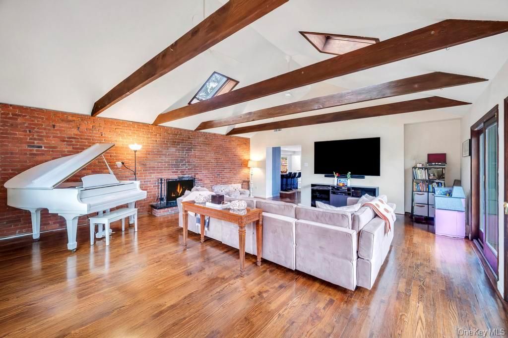 Fireplace, Interior, Living room, Piano, Stone Walls, Wooden Beams, Wood Texture Flooring