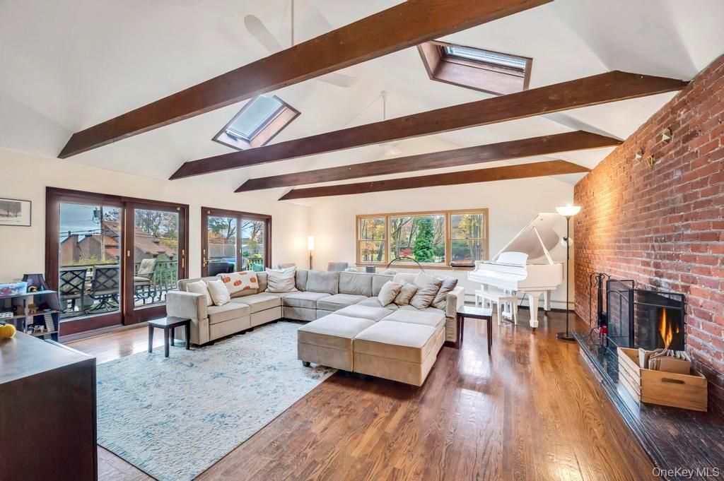 Fireplace, Interior, Living room, Piano, Stone Walls, Wooden Beams, Wood Texture Flooring