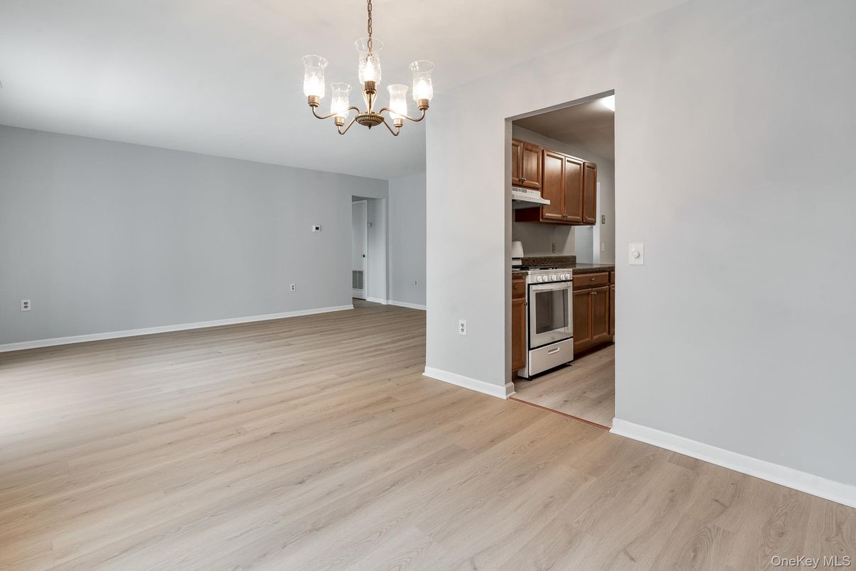 Chandelier, Empty room, Interior, Kitchen, Wood Texture Flooring