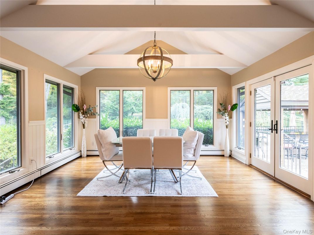 Dining room, Interior, Pendant Lights, Wood Texture Flooring