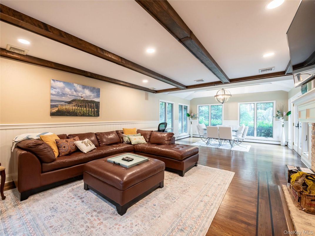 Chandelier, Dining room, Interior, Living room, Recessed Lighting, Wooden Beams, Wood Texture Flooring