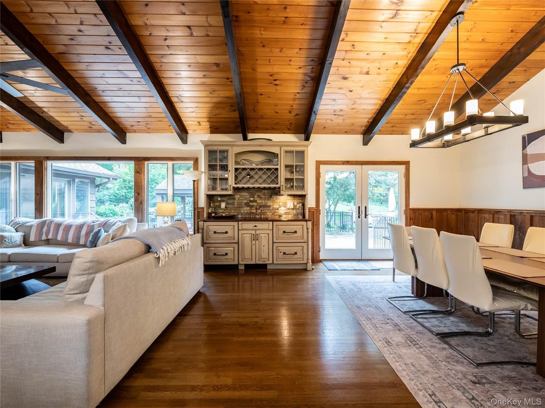 Chandelier, Dining room, Interior, Living room, Wooden Beams, Wooden Ceilings, Wood Texture Flooring
