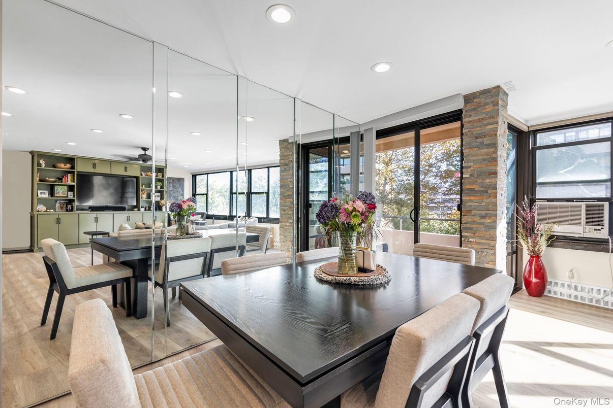 Dining room, Interior, Pendant Lights, Recessed Lighting, Wood Texture Flooring