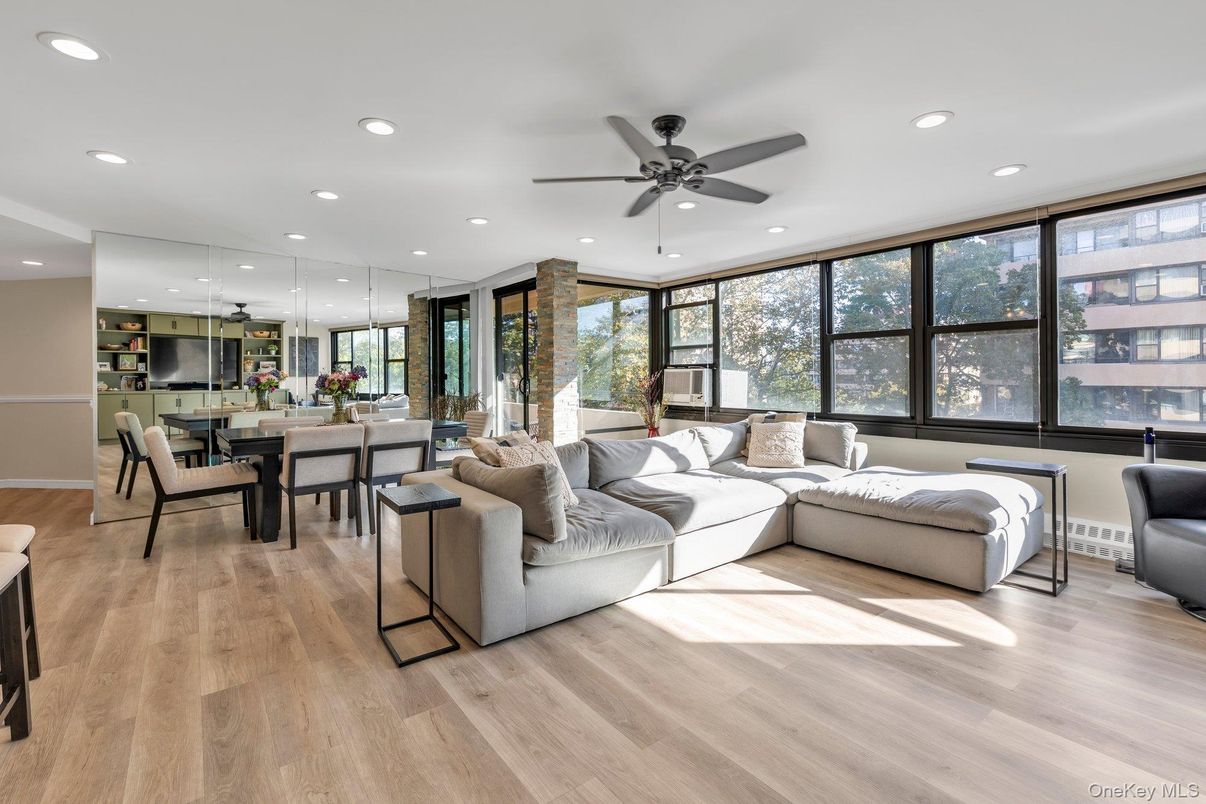 Dining room, Interior, Living room, Recessed Lighting, Wood Texture Flooring