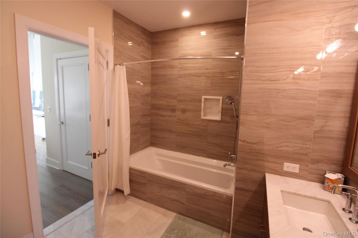 Bathroom, Glass Shower, Interior, Recessed Lighting, Wood Texture Flooring