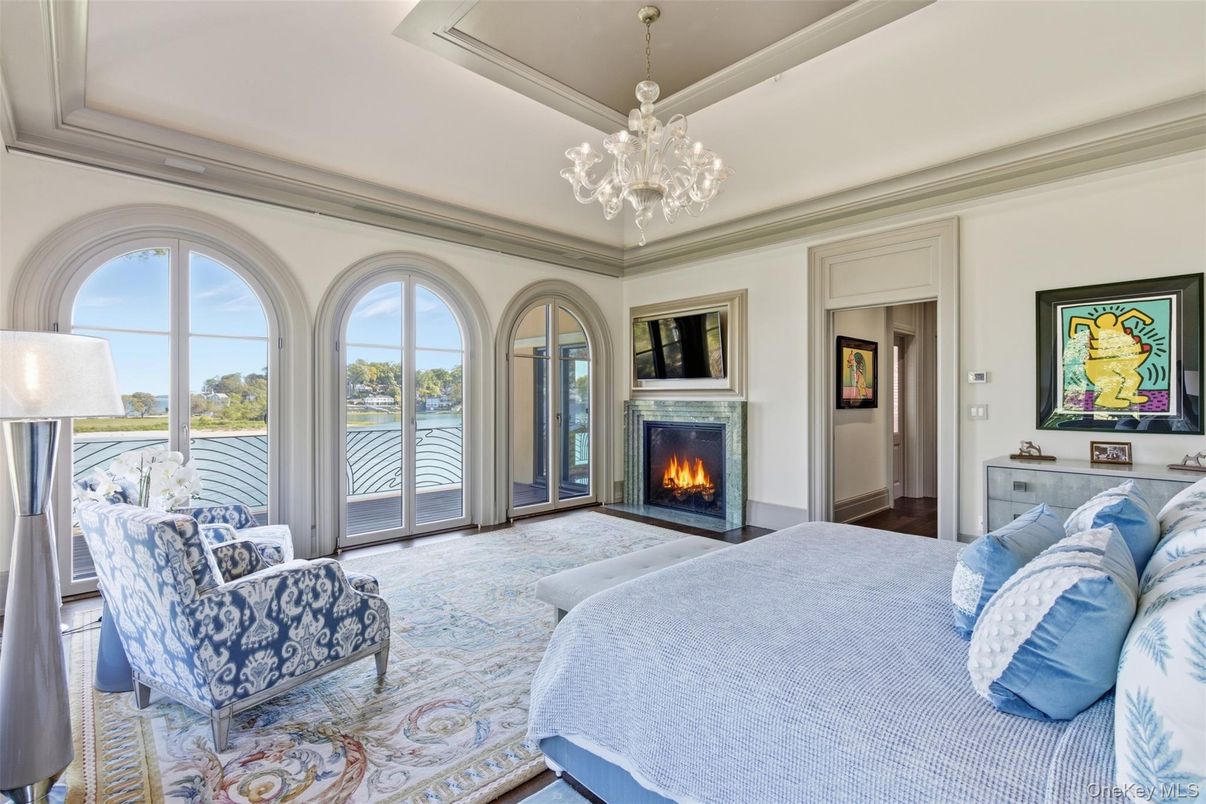 Bedroom, Chandelier, Fireplace, Interior, Water