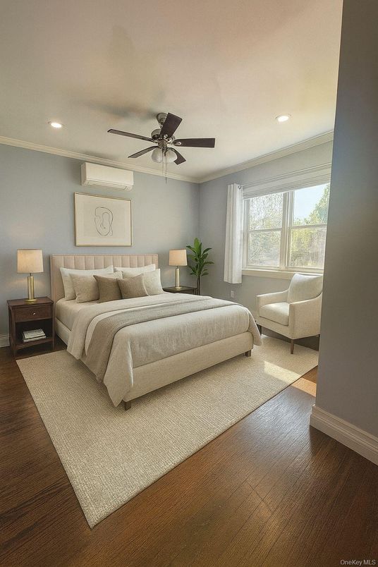 Bedroom, Interior, Recessed Lighting, Wood Texture Flooring