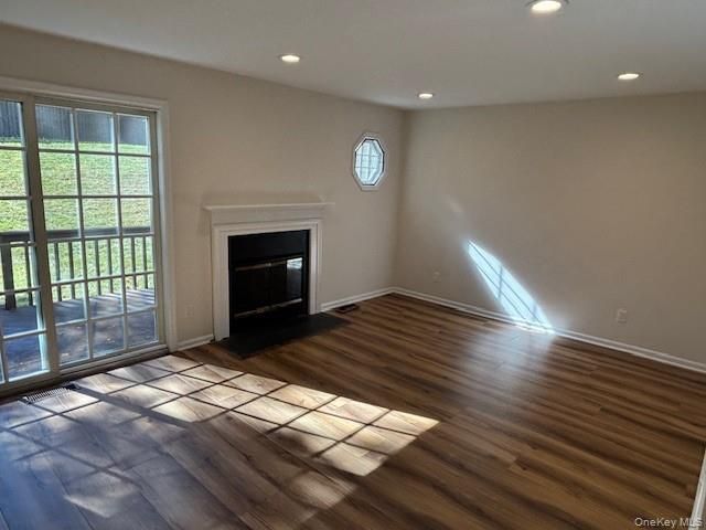 Empty room, Fireplace, Interior, Recessed Lighting, Wood Texture Flooring