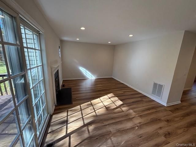 Empty room, Fireplace, Interior, Recessed Lighting, Wood Texture Flooring