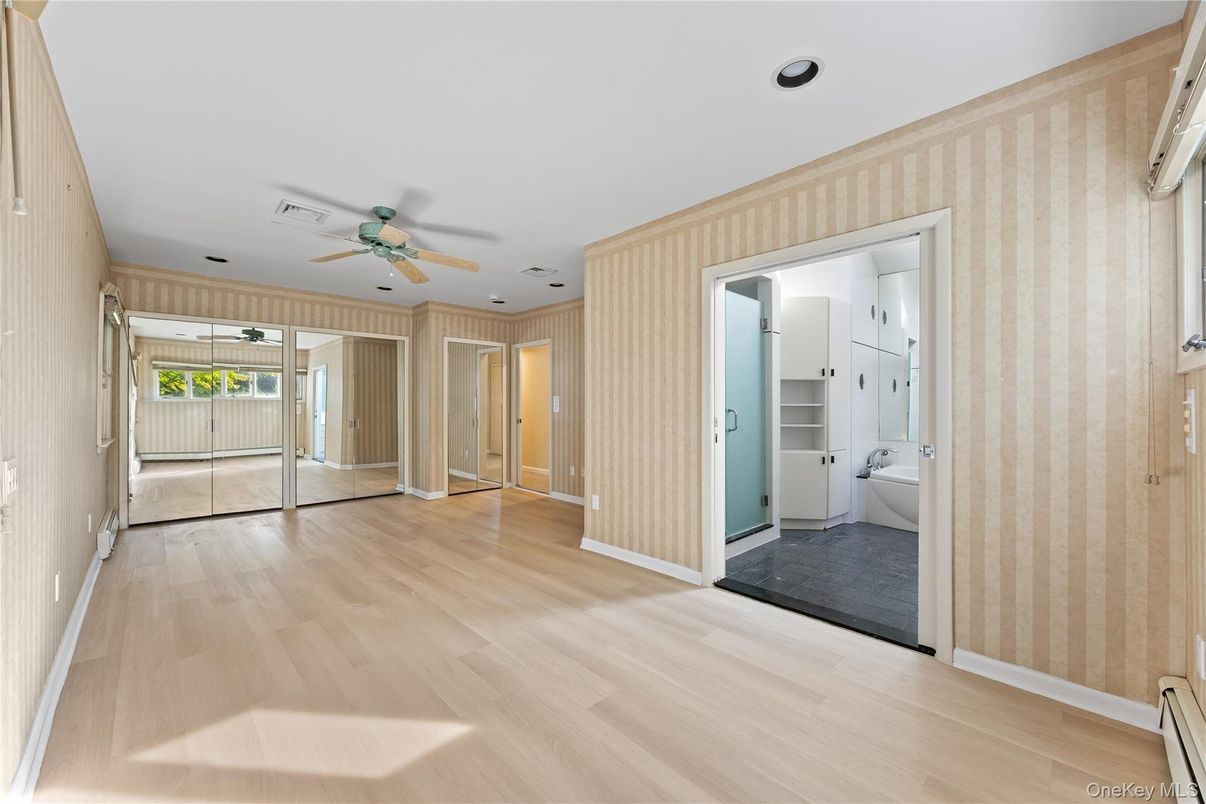 Bathroom, Empty room, Interior, Recessed Lighting, Wood Texture Flooring