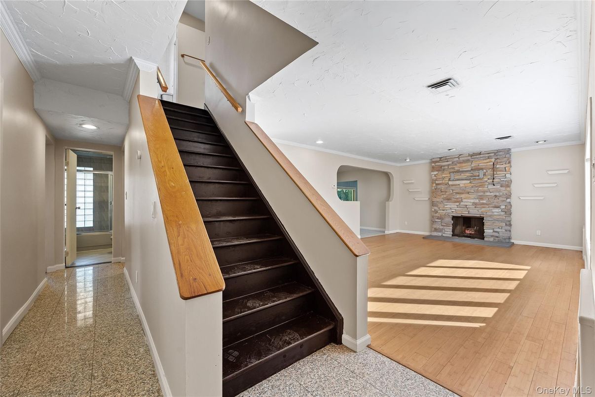 Empty room, Fireplace, Interior, Recessed Lighting, Wood Texture Flooring