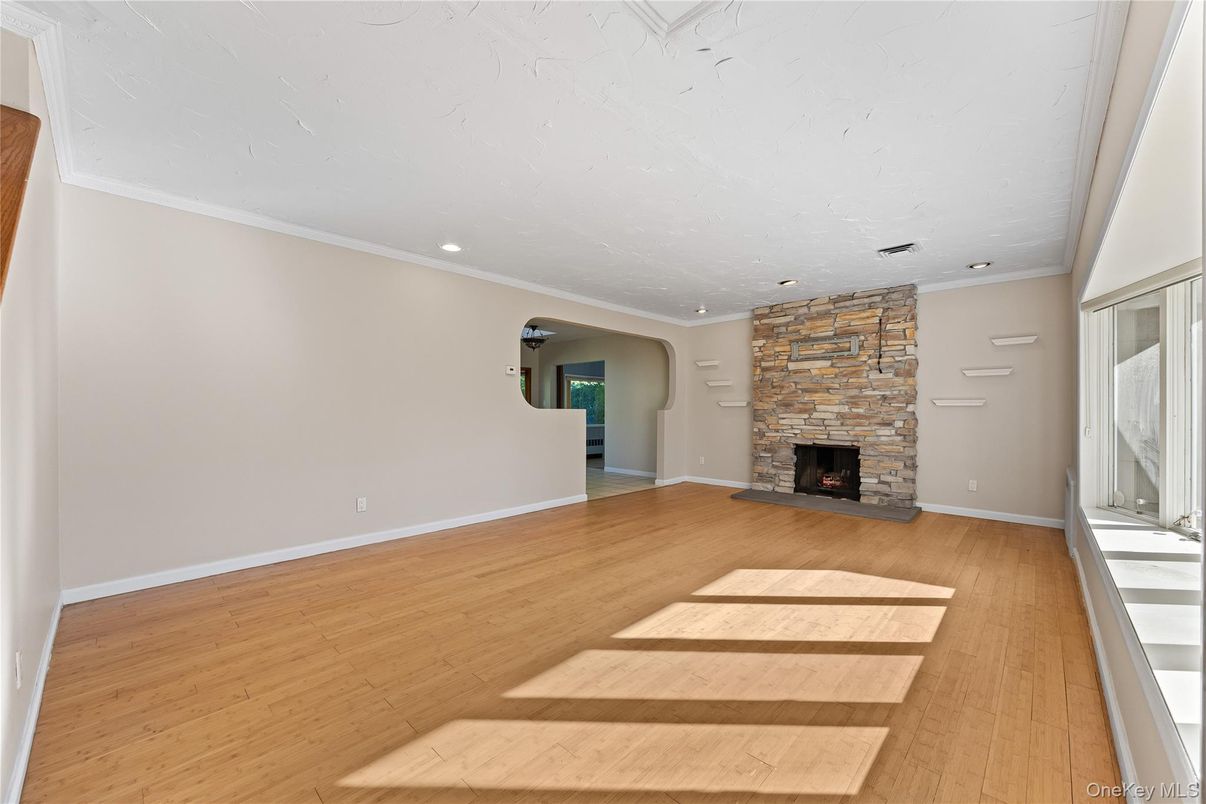 Empty room, Fireplace, Interior, Recessed Lighting, Wood Texture Flooring