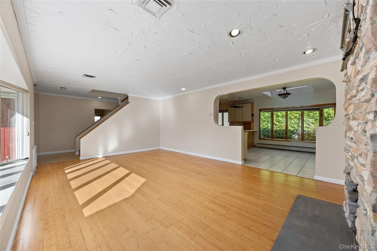 Empty room, Fireplace, Interior, Recessed Lighting, Wood Texture Flooring