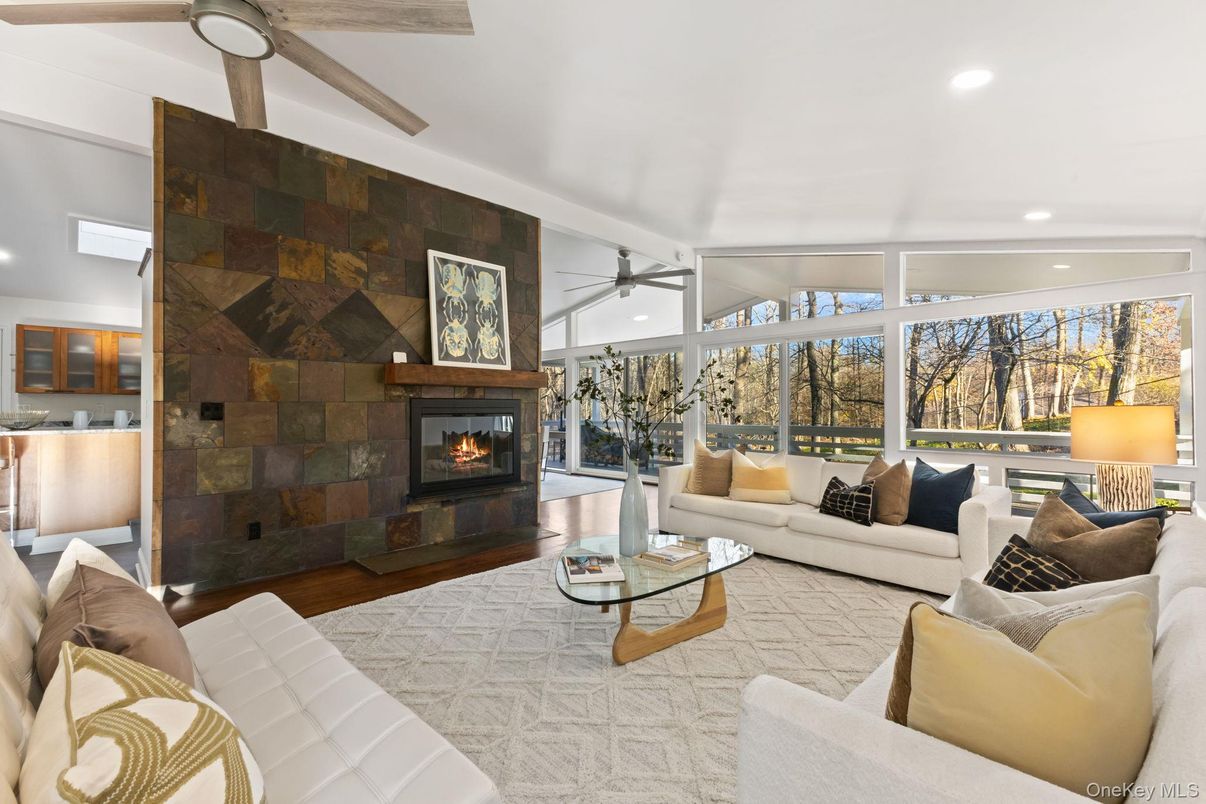 Fireplace, Interior, Living room, Recessed Lighting, Stone Walls