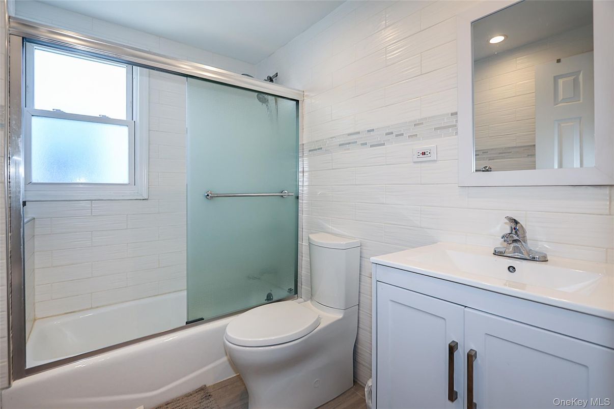 Bathroom, Glass Shower, Interior, Recessed Lighting, Wood Texture Flooring