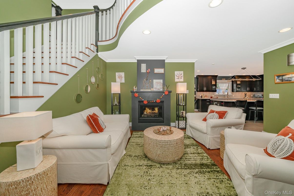 Dining room, Fireplace, Interior, Kitchen, Living room, Pendant Lights, Recessed Lighting, Wood Texture Flooring