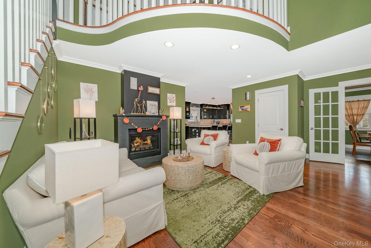Fireplace, Interior, Kitchen, Living room, Recessed Lighting, Wood Texture Flooring