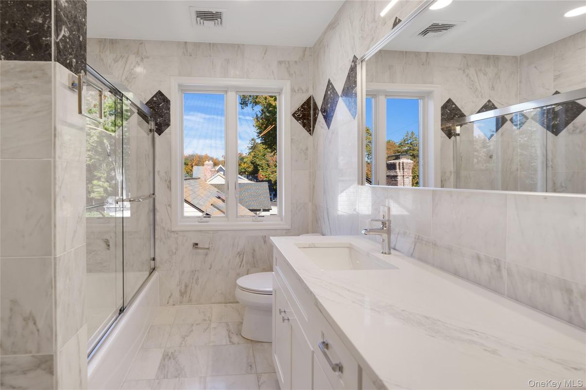 Bathroom, Glass Shower, Interior, Marble, Marble Walls, Recessed Lighting