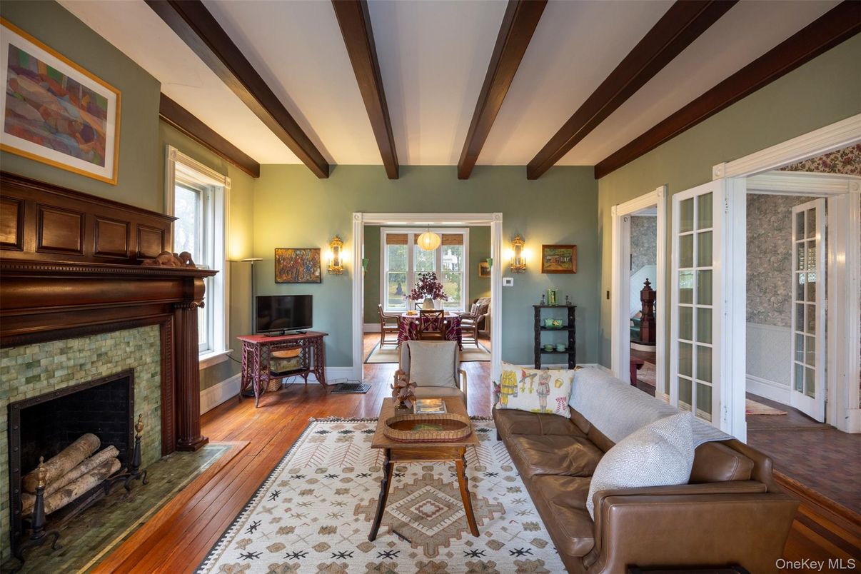 Fireplace, Interior, Living room, Wooden Beams, Wood Texture Flooring
