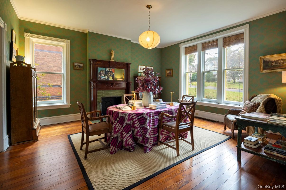 Dining room, Fireplace, Interior, Pendant Lights, Wood Texture Flooring