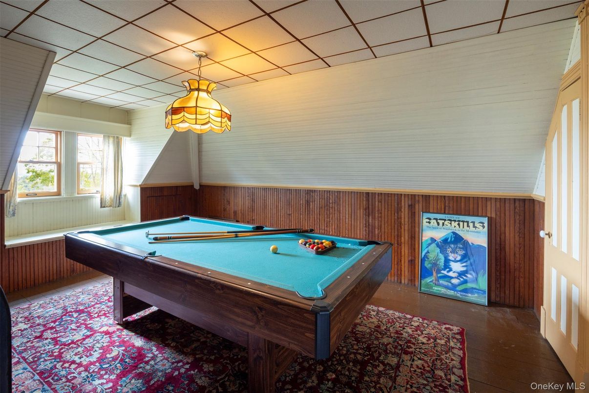 Billiard Table, Game Room, Interior, Pendant Lights, Wood Texture Flooring