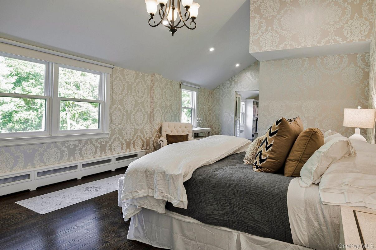 Bedroom, Chandelier, Interior, Recessed Lighting, Wood Texture Flooring