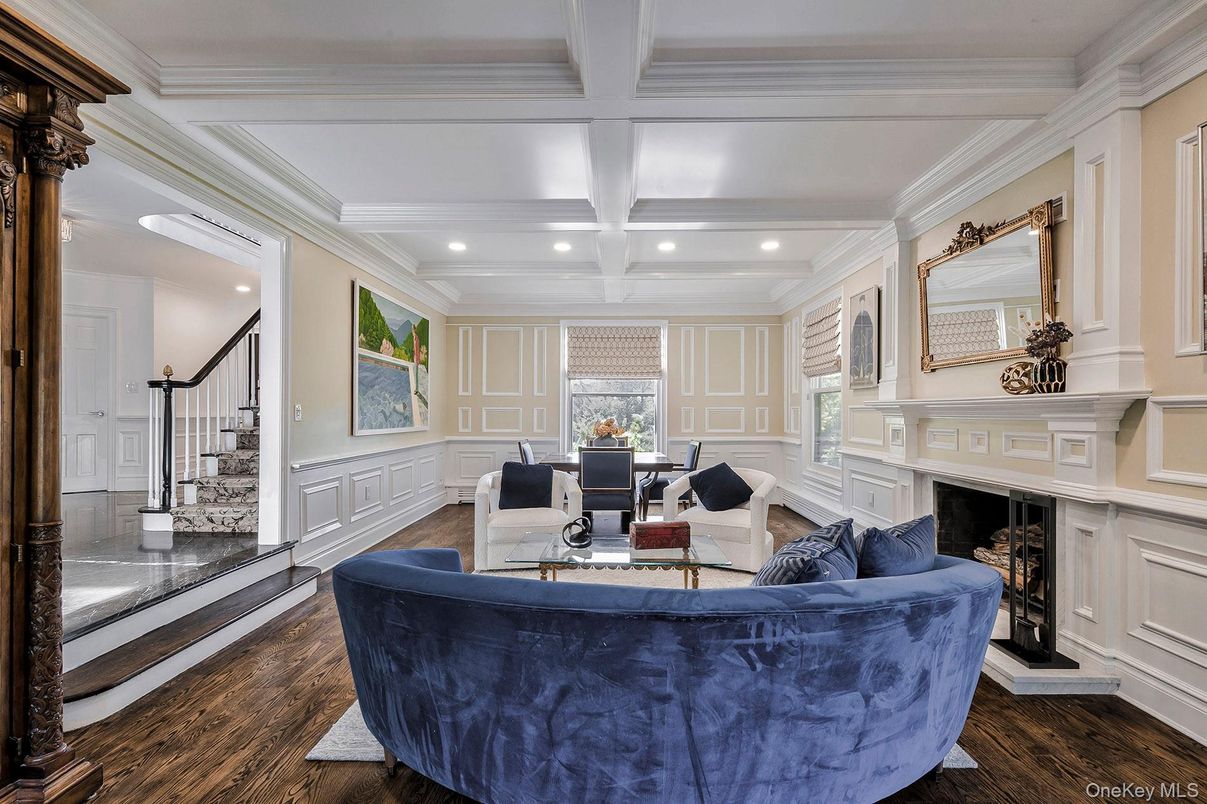 Fireplace, Home Office, Interior, Living room, Recessed Lighting, Wood Texture Flooring