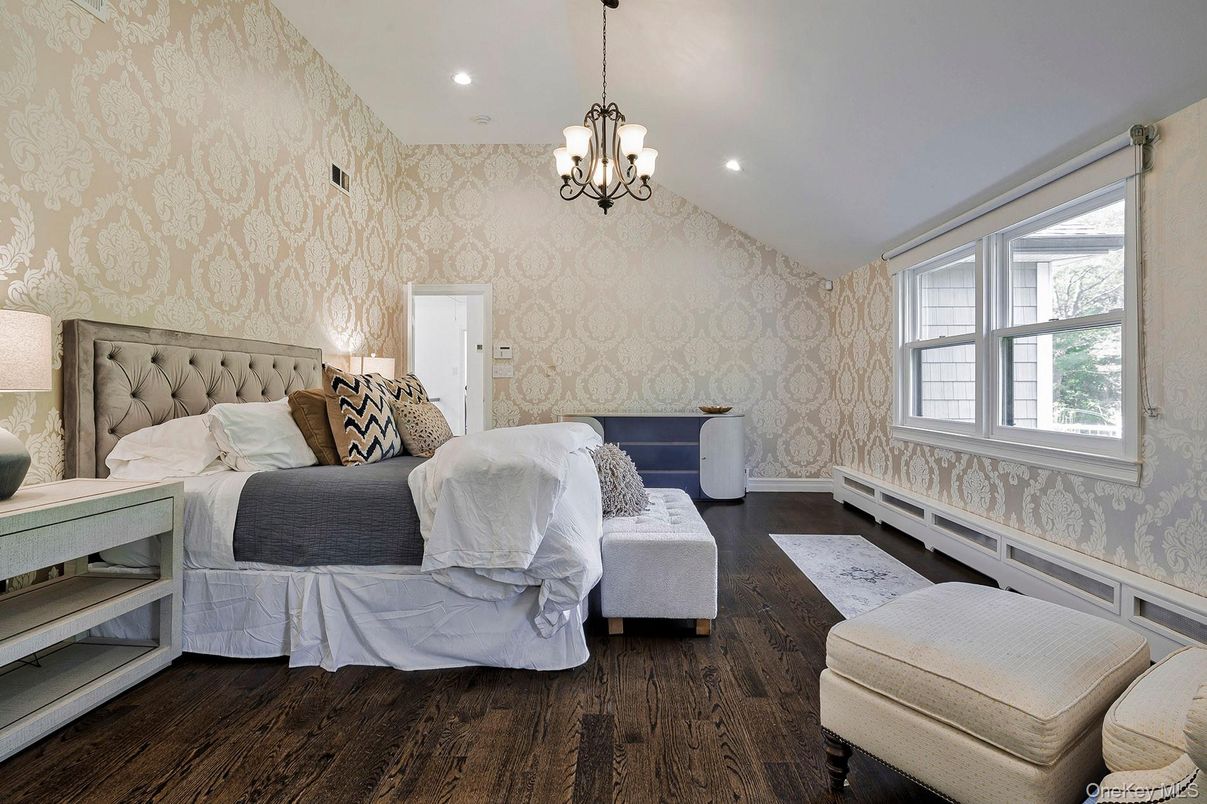 Bedroom, Chandelier, Interior, Pendant Lights, Recessed Lighting, Wood Texture Flooring