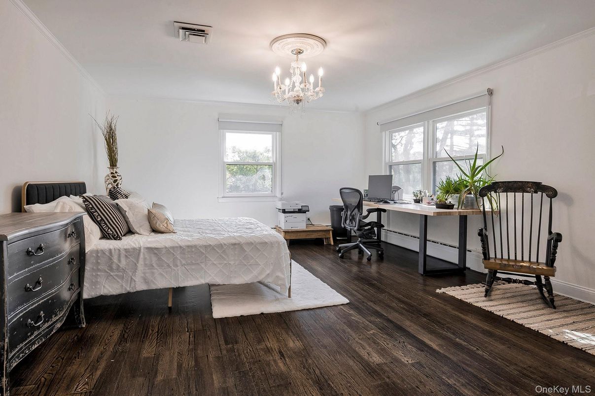Bedroom, Chandelier, Home Office, Interior, Wood Texture Flooring
