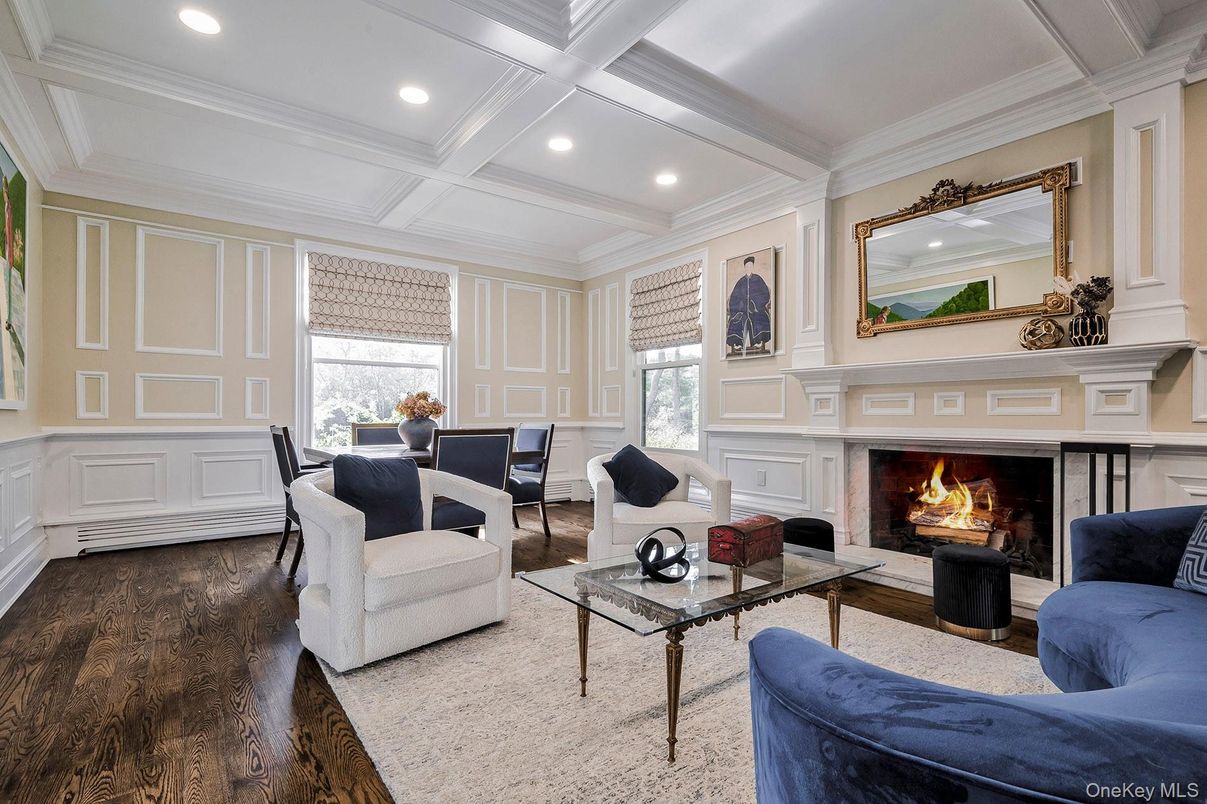 Fireplace, Interior, Living room, Recessed Lighting, Wood Texture Flooring