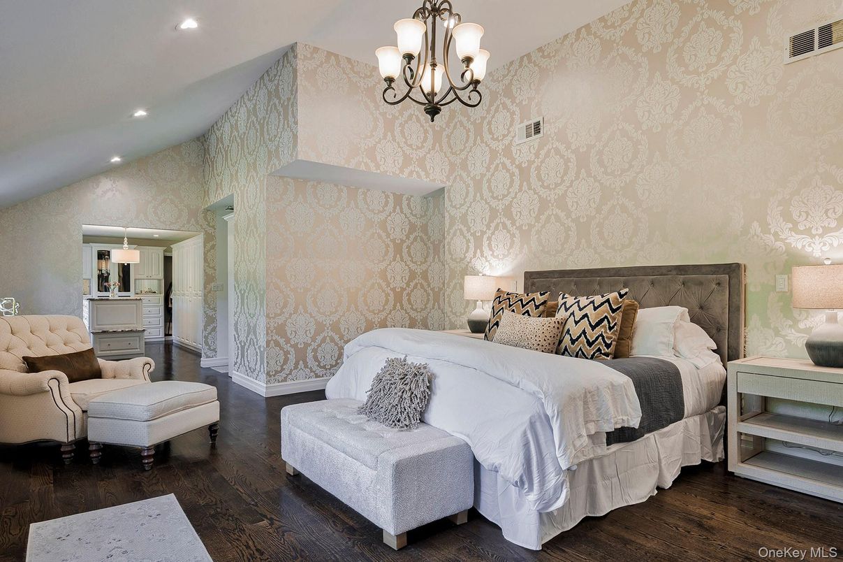 Bedroom, Chandelier, Interior, Recessed Lighting, Wood Texture Flooring