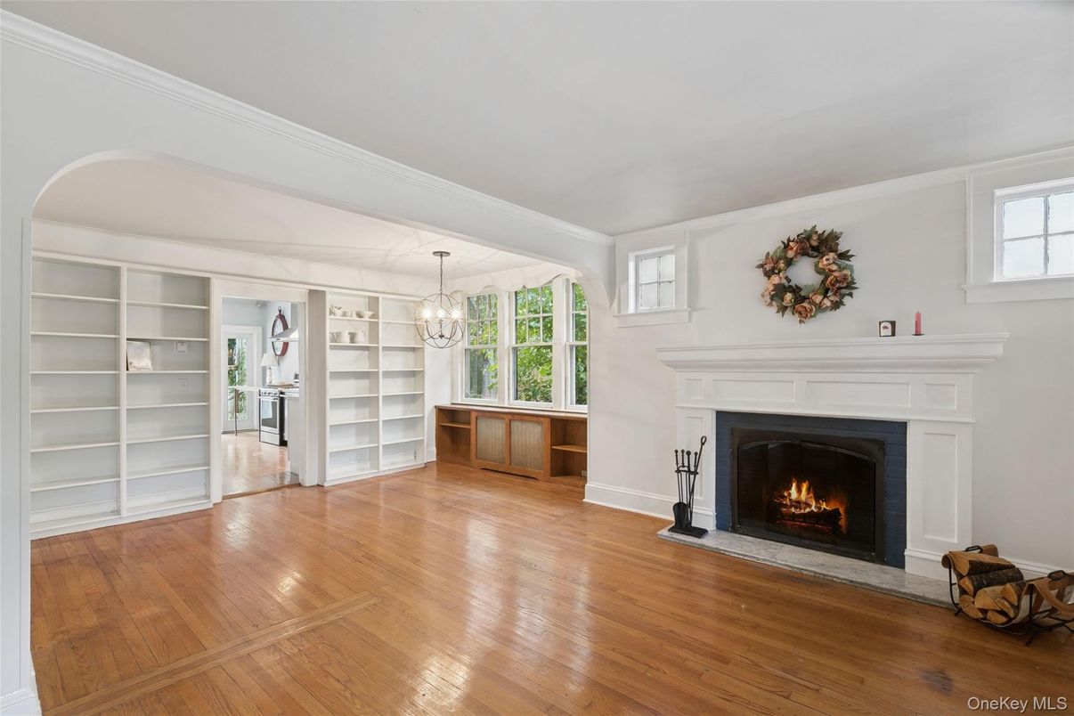 Chandelier, Empty room, Fireplace, Interior, Wood Texture Flooring