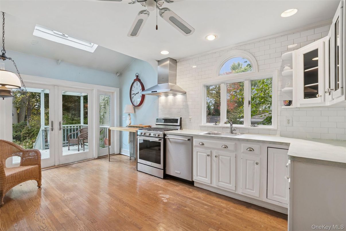 Interior, Kitchen, Pendant Lights, Recessed Lighting, Stainless Steel Appliances, Stone Walls, Wood Texture Flooring