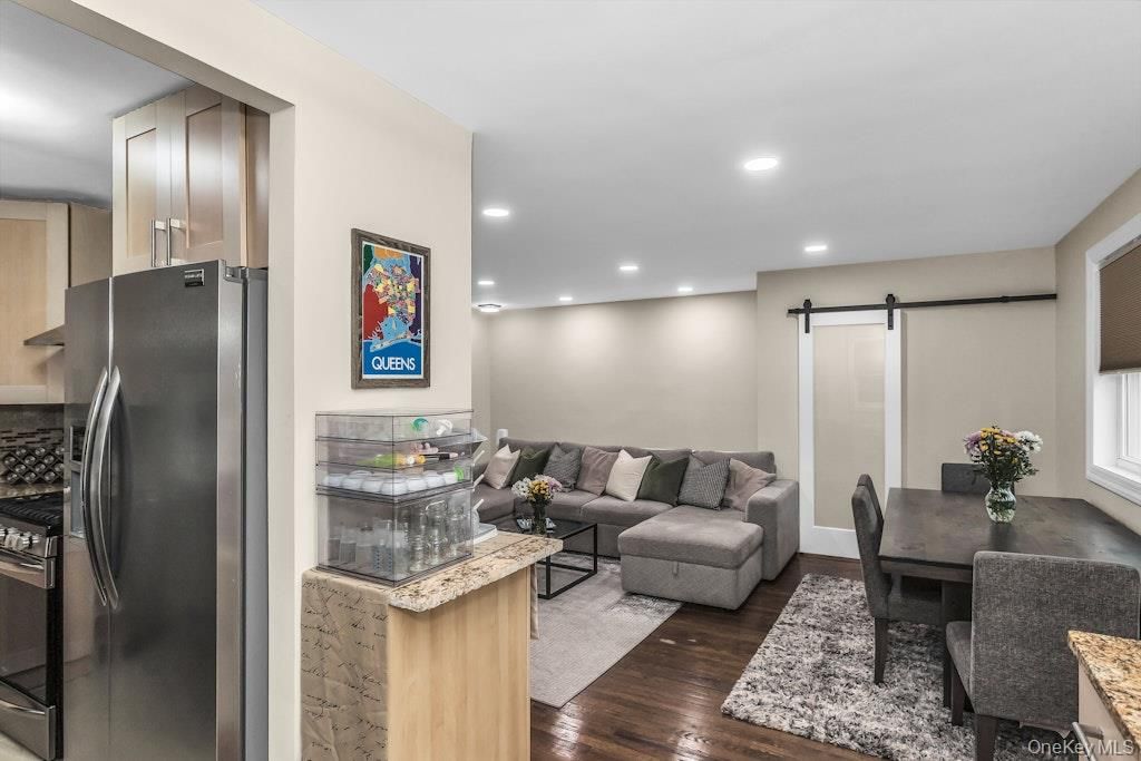 Dining room, Interior, Kitchen, Living room, Recessed Lighting, Wood Texture Flooring