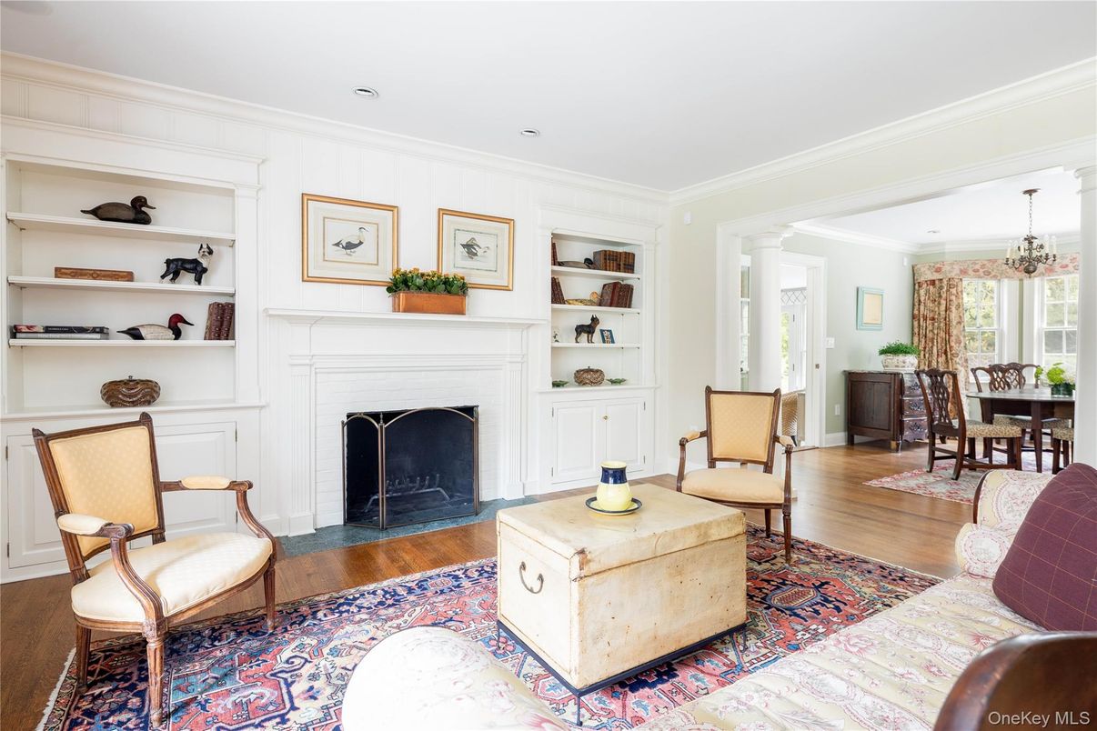 Chandelier, Dining room, Fireplace, Interior, Living room, Recessed Lighting, Wood Texture Flooring