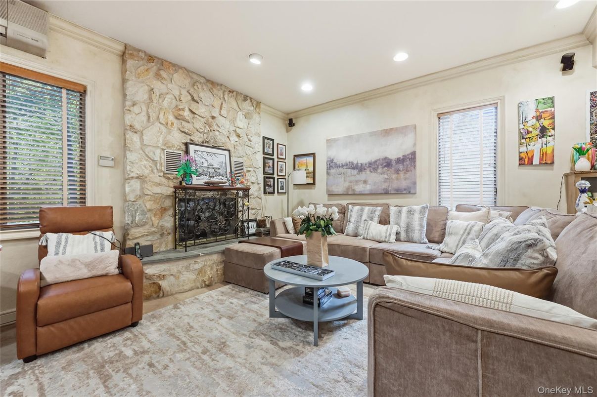 Fireplace, Interior, Living room, Recessed Lighting, Stone Walls