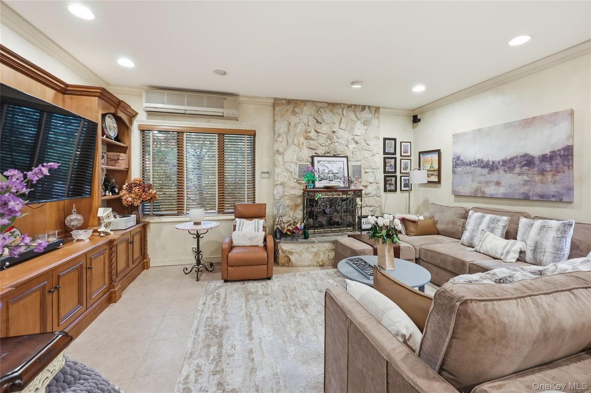 Fireplace, Interior, Living room, Recessed Lighting, Stone Walls