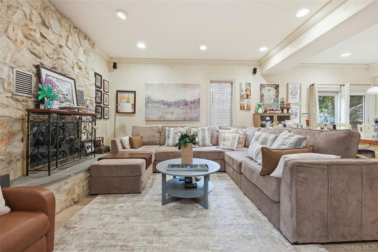 Fireplace, Interior, Living room, Recessed Lighting, Stone Walls