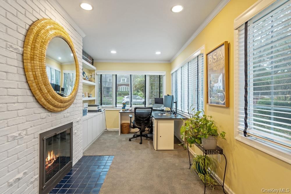 Fireplace, Home Office, Interior, Recessed Lighting, Stone Walls