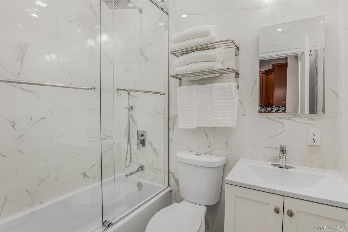 Bathroom, Glass Shower, Interior, Marble Walls, Recessed Lighting
