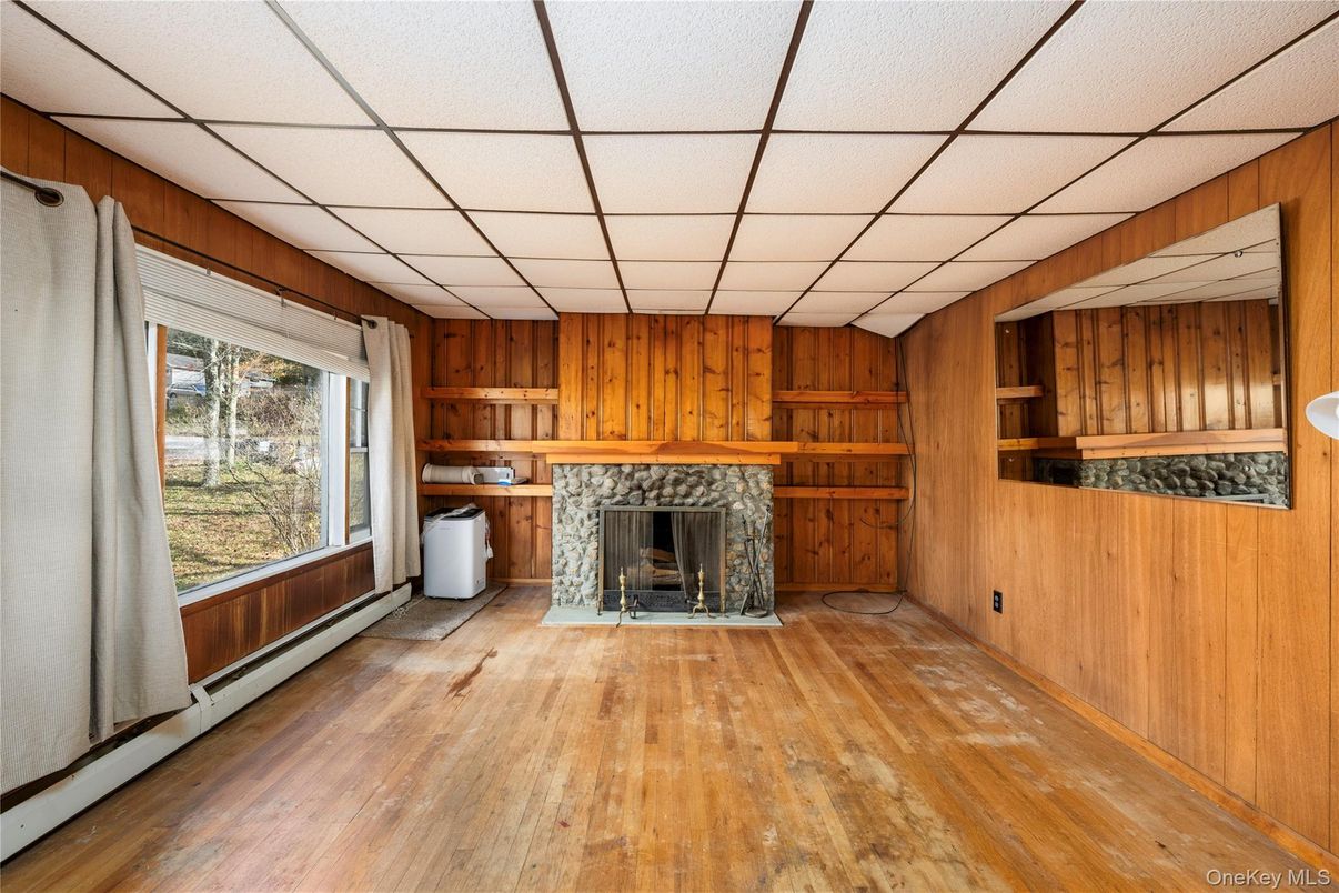 Empty room, Fireplace, Interior, Wood Texture Flooring, Wooden Walls